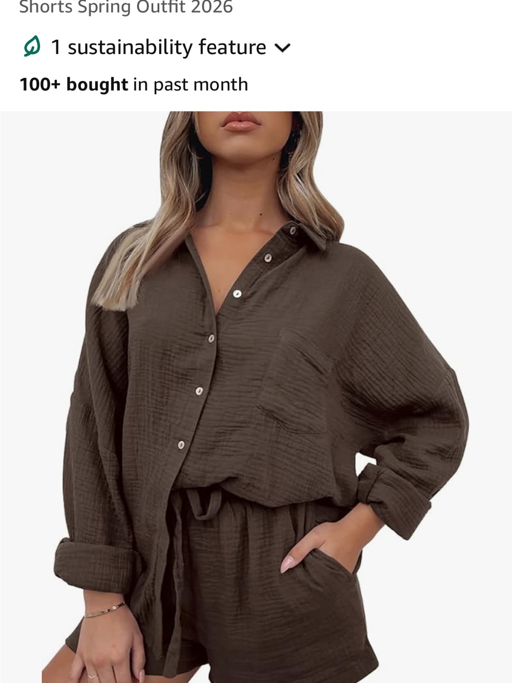 Women’s Relaxed Button-Up Shirt and Shorts Set - Brown